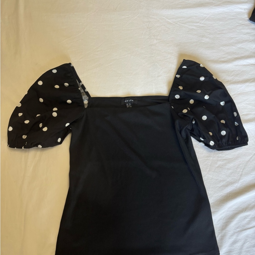 Black Top with Polka Dot Puff Sleeves